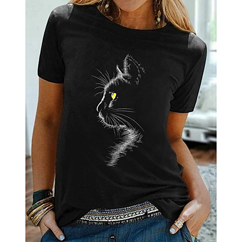 

Women's T shirt Cat Graphic 3D Print Round Neck Tops Basic Basic Top Black