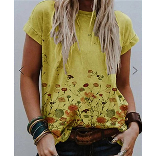 

Women's T shirt Graphic Floral Print Round Neck Tops Basic Basic Top Blue Yellow Khaki