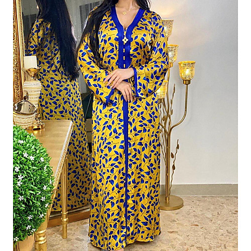 

Women's Kaftan Dress Maxi long Dress Gold Long Sleeve Solid Color Patchwork Print Summer Round Neck Casual 2021 S M L XL XXL