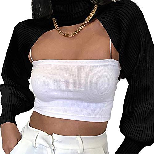 

women sexy turtleneck shrugs pullover mini sweater backless long puff sleeve knitwear crop top (black, one size)