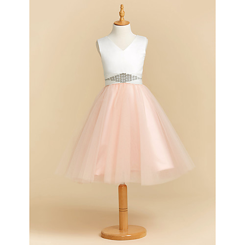 

Ball Gown Tea Length Wedding / Party / Pageant Flower Girl Dresses - Satin / Tulle Sleeveless V Neck with Sash / Ribbon / Crystals