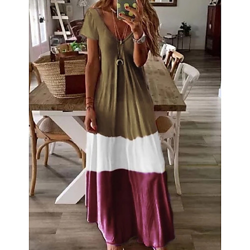 

Women's Swing Dress Maxi long Dress Blue Red Green Light gray Brown Gray Short Sleeve Print Color Block Patchwork Print Summer V Neck Casual 2021 S M L XL XXL 3XL