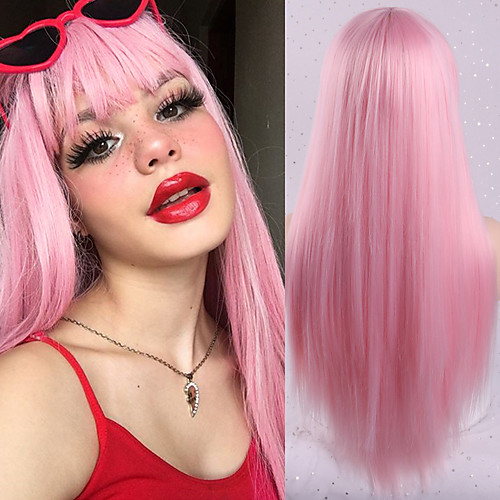 

Synthetic Wig Natural Straight Neat Bang Wig Medium Length Pink Synthetic Hair Women's Cosplay Party Fashion Pink