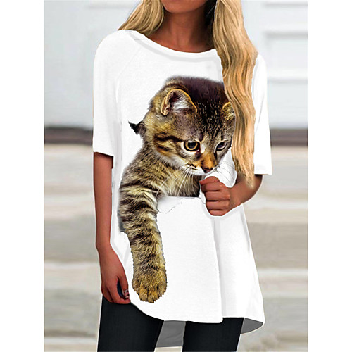 

Women's T Shirt Dress Tee Dress Short Mini Dress White Blue Half Sleeve Cat Animal Print Spring Summer Round Neck Casual 2021 S M L XL XXL 3XL
