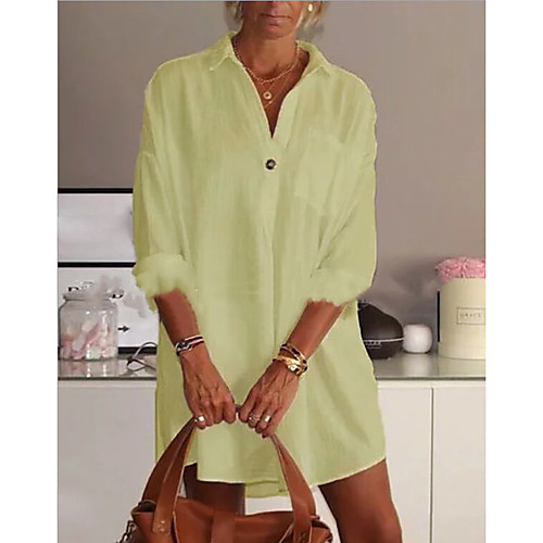 

Women's Shirt Dress Short Mini Dress White Black Yellow Blushing Pink Green Long Sleeve Solid Color Summer Shirt Collar Hot Casual Chinoiserie Cotton 2021 S M L XL XXL 3XL 4XL