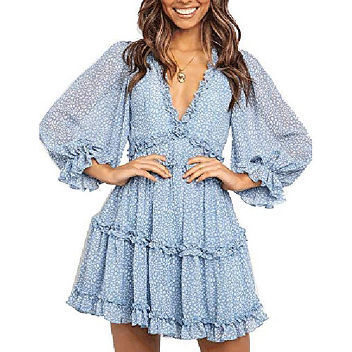 

murimia women's v neck floral mini dress ruffle backless flowy swing party dresses blue