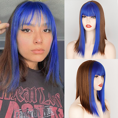 

Brown Synthetic wig With Deep Blue Bangs For Women Medium Omber Brown Blue Hair Layered Heat Resistant Cosplay Party Wig