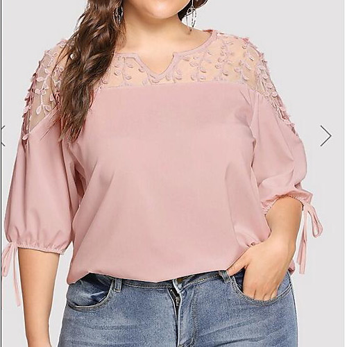 

Women's Plus Size Patchwork Plain Blouse Large Size V Neck Half Sleeve Streetwear Tops XL XXL 3XL Black Blushing Pink Wine Big Size