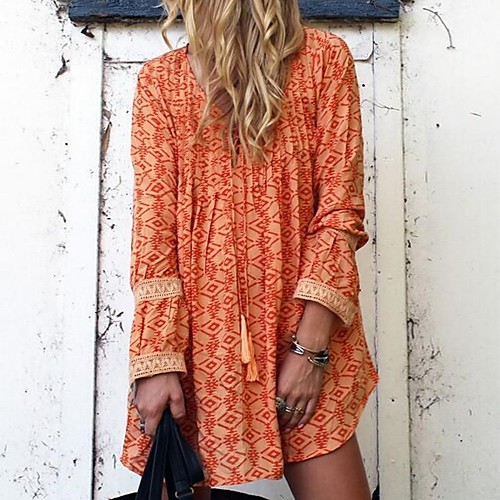 

Women's Shift Dress Short Mini Dress Orange Long Sleeve Print Tassel Fringe Print Fall Spring V Neck Casual Vintage 2021 S M L XL