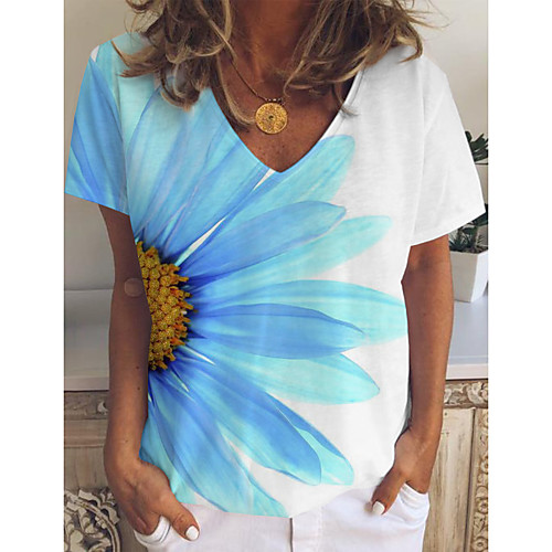 

Women's T shirt Graphic Floral Print V Neck Tops Basic Basic Top Blue Purple Blushing Pink