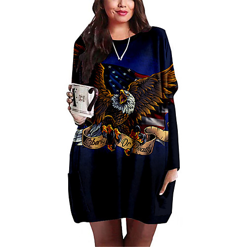 

Women's Plus Size Print Animal Print Casual Long Sleeve Spring & Fall Short Mini Dress Shift Dress White Blue