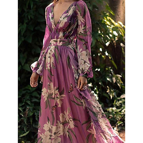 

Women's Chiffon Dress Maxi long Dress Purple Long Sleeve Floral Color Block Summer V Neck Elegant Sexy 2021 S M L XL XXL 3XL