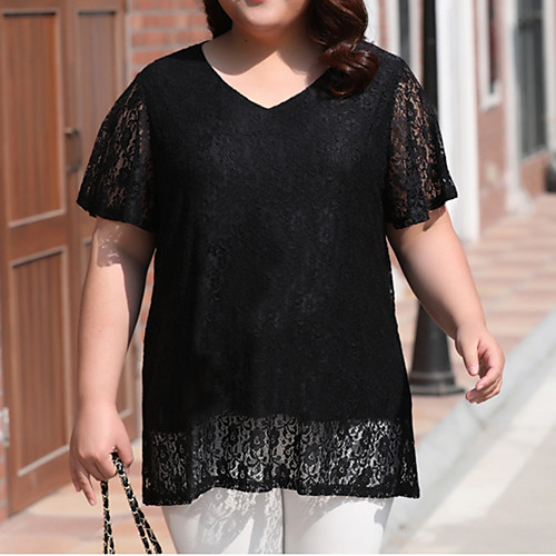 

Women's Plus Size Patchwork Lace Trims Plain Blouse Large Size V Neck Short Sleeve Streetwear Tops 3XL 4XL 5XL Black Big Size