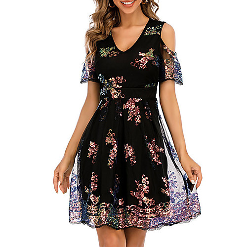 

A-Line Sparkle Vintage Holiday Party Wear Dress V Neck Short Sleeve Knee Length Spandex Tulle Sequined with Sequin 2021