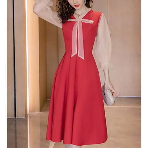 

A-Line Elegant Vintage Homecoming Cocktail Party Dress V Neck 3/4 Length Sleeve Tea Length Stretch Fabric with Bow(s) Pleats 2021