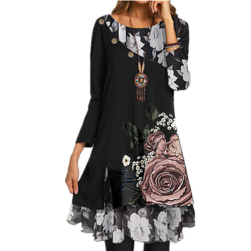 

Women's Chiffon Dress Knee Length Dress Black Long Sleeve Floral Fall Spring Round Neck Casual 2021 S M L XL XXL 3XL
