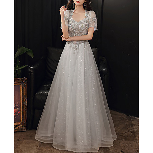 

A-Line Square Neck Floor Length Lace / Tulle Bridesmaid Dress with Sequin / Appliques
