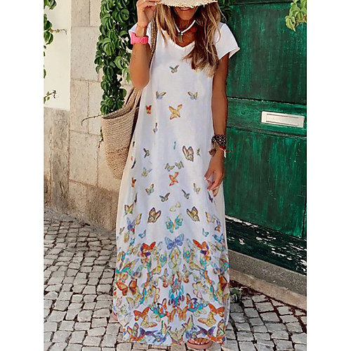 

Women's Swing Dress Maxi long Dress White Short Sleeve Print Color Block Patchwork Print Summer V Neck Casual 2021 S M L XL XXL 3XL
