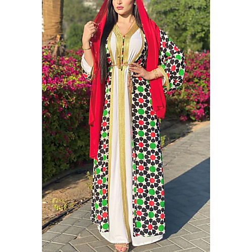 

Women's Kaftan Dress Maxi long Dress Green Long Sleeve Solid Color Patchwork Summer V Neck Casual 2021 S M L XL