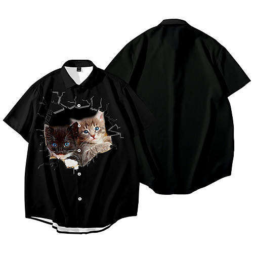 

Men's Shirt 3D Print Cat Animal Button-Down 3D Print Short Sleeve Daily Tops Casual Fashion Hawaiian Black