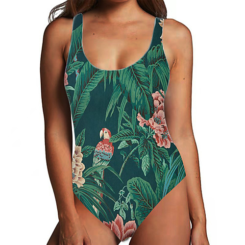 

Women's One Piece Monokini Swimsuit Tummy Control Print Floral Leaf Green Light Green Rainbow Swimwear Bodysuit Strap Bathing Suits New Fashion Sexy