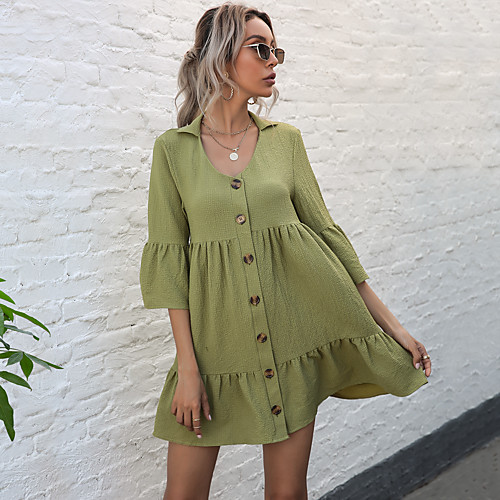 

Women's Swing Dress Short Mini Dress Orange Green 3/4 Length Sleeve Solid Color Spring Summer Casual Flare Cuff Sleeve Cotton 2021 S M L XL