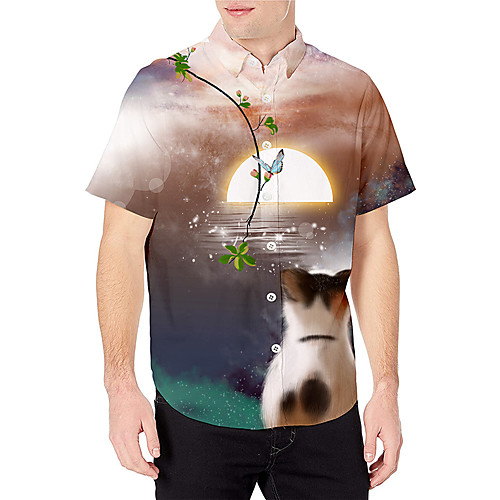

Men's Shirt 3D Print Cat Graphic Prints Animal Print Short Sleeve Daily Tops Basic Casual Blue