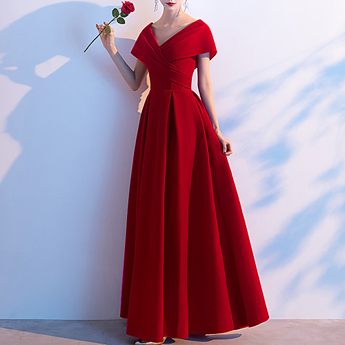 

A-Line Minimalist Elegant Engagement Prom Dress V Neck Short Sleeve Floor Length Spandex with Pleats 2021