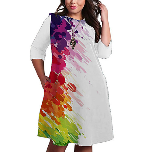 

Women's Plus Size Print Print Casual 3/4 Length Sleeve Spring & Summer Knee Length Dress Shift Dress White Black