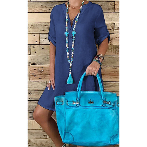 

Women's Denim Dress Knee Length Dress Black Blue Half Sleeve Solid Color Summer V Neck Casual 2021 S M L XL XXL 3XL