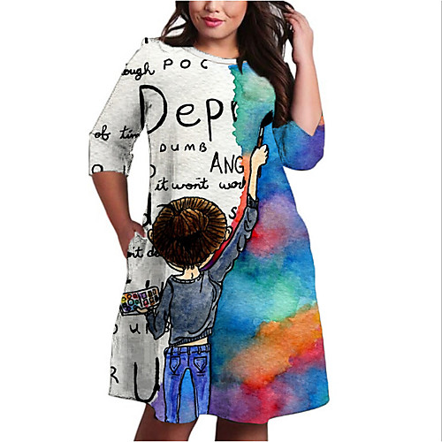 

Women's Plus Size Print Color Block Print Casual 3/4 Length Sleeve Fall Knee Length Dress Shift Dress Blue