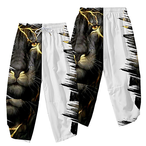 

Men's Casual / Sporty Athleisure Daily Sports Wide Leg Pants Lion Full Length Elastic Waist 3D Print Black / White