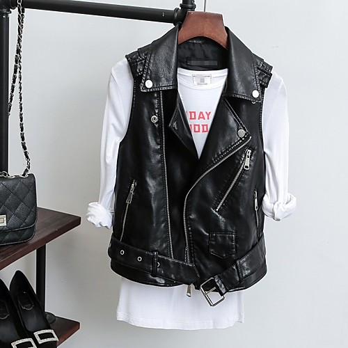 

Women's Jacket Solid Color Zipper Punk Fashion Fall Notch lapel collar Jacket Regular Causal Sleeveless PU Leather Coat Tops