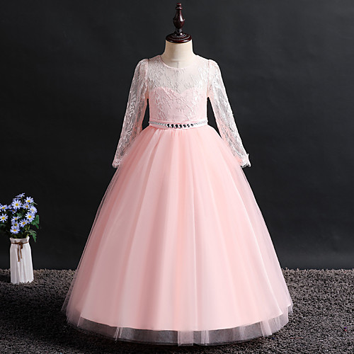

Princess / Ball Gown Floor Length Wedding / Party Flower Girl Dresses - Lace / Tulle Long Sleeve Jewel Neck with Beading / Solid