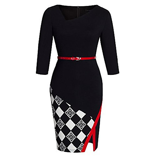

ladies without arm asymmetrical v-neck belted tight dress b290 (eu 38 (manufacturer size: m), black grid - 3/4 sleeves)