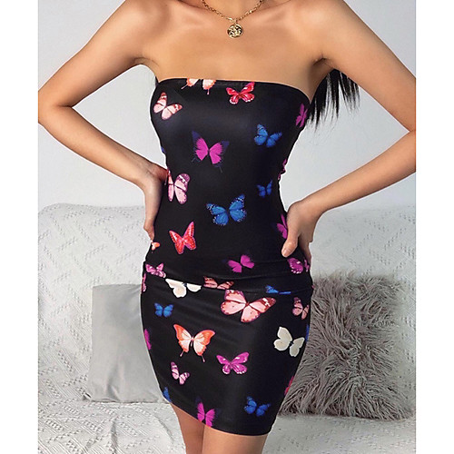 

Women's A Line Dress Short Mini Dress Fabric: 95% polyester 5% spandex Weight: 0.15KG Full stock Black Sleeveless Print Summer Strapless Elegant 2021 S M L