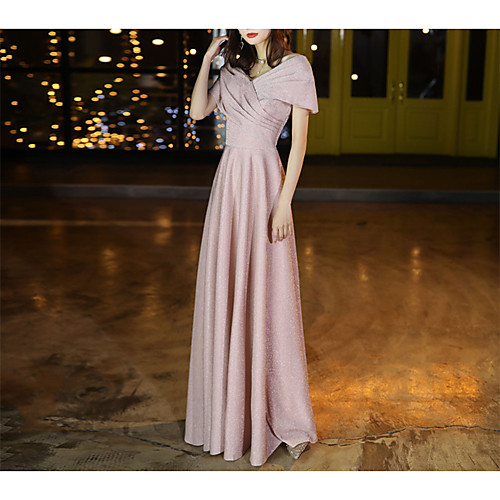 

A-Line V Neck Floor Length Tulle Bridesmaid Dress with Pleats / Sequin