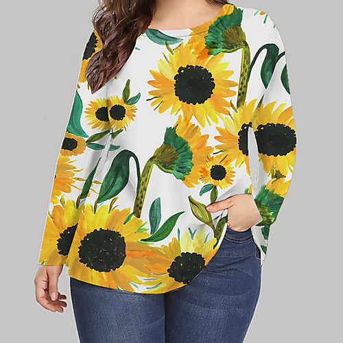 

Women's Plus Size Print Graphic Floral Daisy T shirt Large Size Crewneck Long Sleeve Tops XL XXL 3XL Black Yellow Big Size