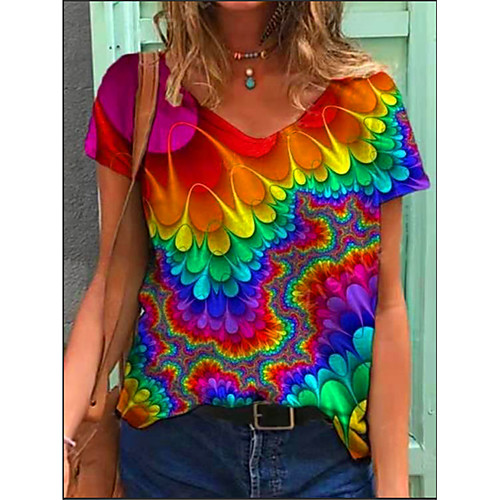 

Women's T shirt Graphic Print V Neck Tops Basic Basic Top Blue Red Yellow