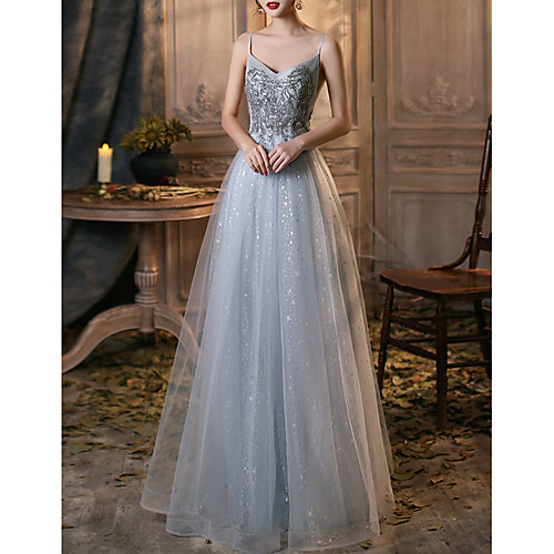 

A-Line V Neck Floor Length Tulle Bridesmaid Dress with Sequin / Appliques