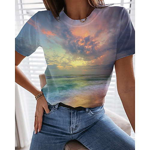 

Women's T shirt Graphic Scenery 3D Print Round Neck Tops Basic Beach Basic Top Black Purple Green
