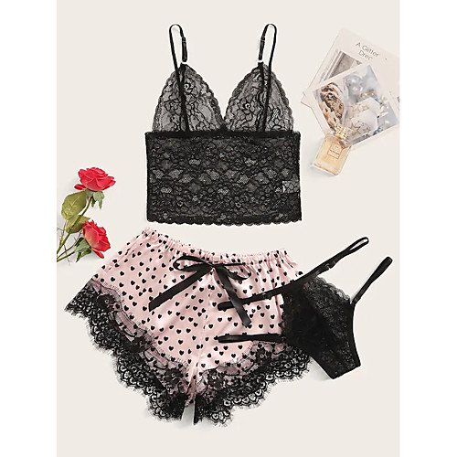 

Women's Layered Lace Bow Matching Bralettes Suits Nightwear Polka Dot Solid Colored Embroidered Bra Blushing Pink XS S M / Hole