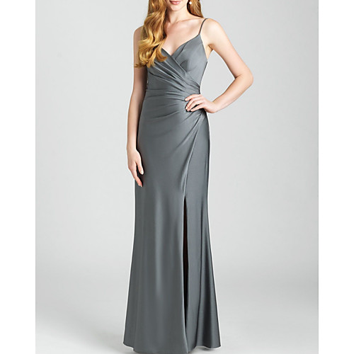 

Sheath / Column V Neck Floor Length Charmeuse Bridesmaid Dress with Pleats / Split Front