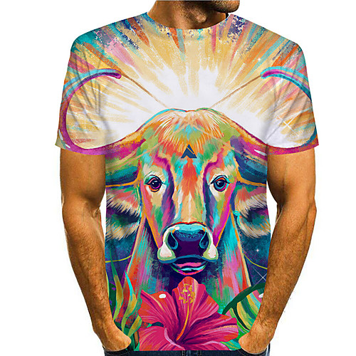 

Men's T shirt 3D Print Graphic Prints Cow Animal 3D Print Short Sleeve Daily Tops Basic Casual Rainbow