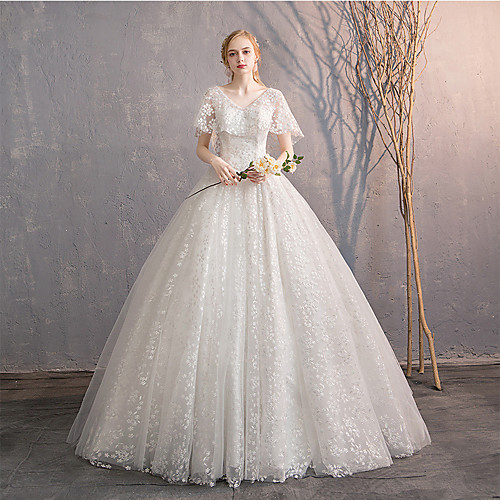 

Princess Ball Gown Wedding Dresses V Neck Floor Length Lace Tulle Sleeveless Romantic with Appliques 2021