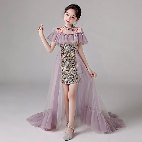 

Princess / A-Line Sweep / Brush Train / Asymmetrical Party / Pageant Flower Girl Dresses - Tulle Short Sleeve High Neck with Beading / Ruffles / Embroidery