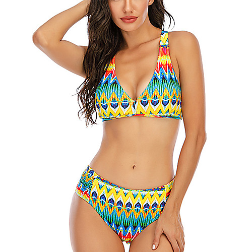

Women's Bikini Swimsuit High Waist Geometric Rainbow Swimwear Padded Bathing Suits Sexy
