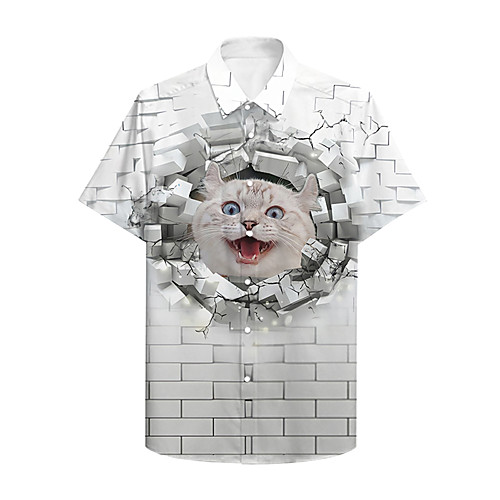 

Men's Shirt Other Prints Cat Graphic Prints Animal Print Short Sleeve Daily Tops Casual Designer White