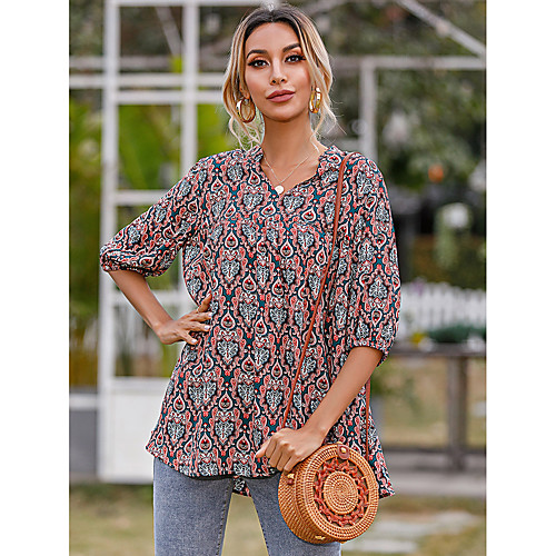 

Women's Blouse Floral Print V Neck Tops Casual Basic Top Fuchsia