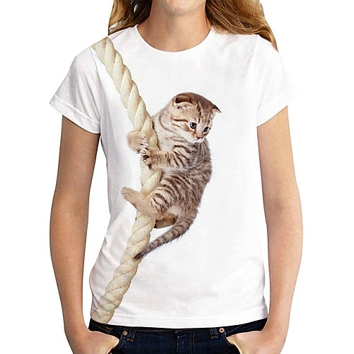 

Women's T shirt Cat Graphic 3D Print Round Neck Tops Basic Basic Top White
